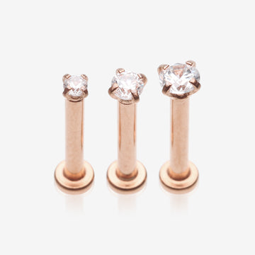 3 Pcs Pack of Assorted Rose Gold Prong Set Sparkle Gem Steel Micro Labret-Clear Gem
